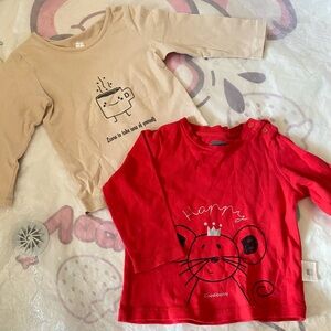 2 Red and Beige Long Sleeve Baby Shirts